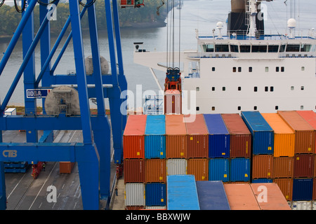 Une grue de déchargement des conteneurs Post-Panamax dans un port européen. Banque D'Images