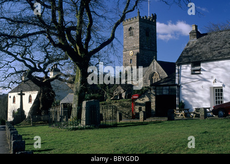 Vert Meavy montrant chêne,l'église et une partie de la Royal Oak Pub Banque D'Images