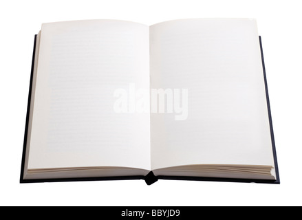 Livre ouvert avec des pages blanches découpées sur fond blanc Banque D'Images