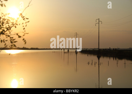 Coucher du soleil et de pylônes, câbles d'alimentation qui se profile l'approvisionnement de l'île, italie albarella Banque D'Images