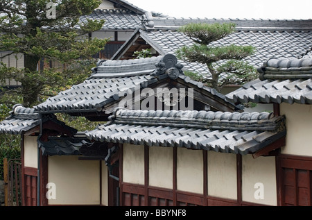 Une seule famille résidence japonais avec plusieurs lignes d'entrée pavillon traditionnel détaillant et de pins dans le jardin Banque D'Images