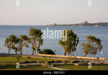 Cannigione, Sardaigne. Des espaces verts et des arbres sur la plage. Banque D'Images