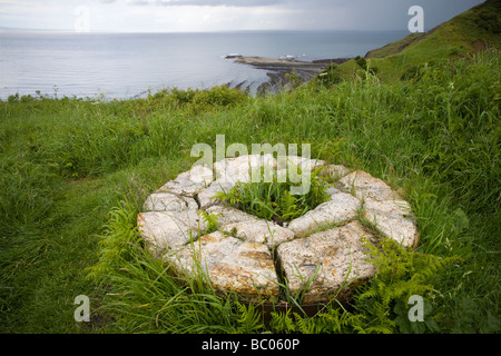 Restes d'une meule en pierre de la pointe de l'Alun fonctionne avec Cliff et dans la mer du Nord Yorkshire Angleterre distance Ravenscar Banque D'Images