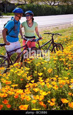 Un couple à bicyclette s'arrête pour admirer les coquelicots de Californie qui fleurit au printemps, près de Los Olivos California Santa Ynez Valley Banque D'Images
