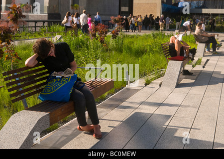Visiteurs lire et vous détendre sur la nouvelle le parc High Line dans le Meat Packing District de New York Banque D'Images