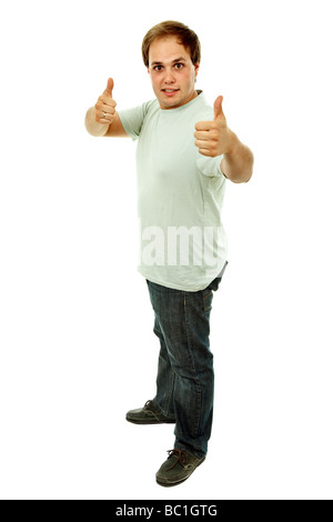 Jeune homme passe Thumbs up in a white background Banque D'Images