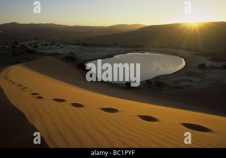 Des empreintes de pas menant une dune de sable au-dessus de Sossusvlei dans le Namib-Naukluft National Park, Swakopmund, Namibie Banque D'Images