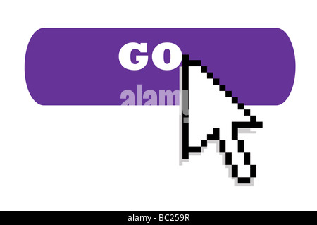Bouton de curseur de souris noire pointée vers le haut, vers le bouton go en bouton violet fort Banque D'Images