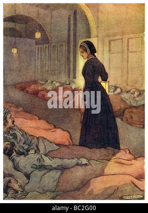 Florence Nightingale n'assiste aux soldats malades et blessés dans l'hôpital militaire de Scutari, pendant la guerre de Crimée. Banque D'Images