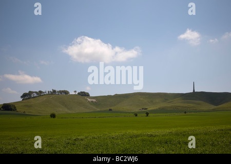 Cheval blanc craie et monument sur Vega près de Calne dans Wiltshire sur une journée ensoleillée Banque D'Images