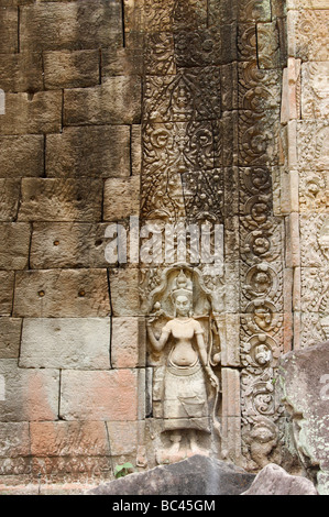 Devata découpage sur mur de pierre de 'Ta Prohm temple des ruines, Angkor, Cambodge Banque D'Images