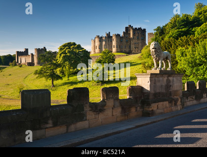 Lion sculpté sur un pont au-dessus de la rivière Aln menant à la ville d'Alnwick Northumberland, Angleterre. Château d'Alnwick est derrière Banque D'Images