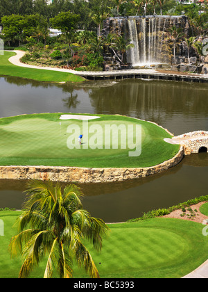 États-Unis, Floride, Aventura, parcours de golf 18th trous au Fairmont Turnberry Isle Resort & Club. Vert de golf entouré d'eau. Banque D'Images