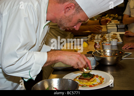 Placer Chef salade verte filet de vivaneau sur garniture entree sur lit de coeurs de palmier sauté de maïs grillé à la mangue papaye Banque D'Images