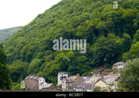 Des bâtiments dans la ville de Lynmouth avec les collines boisées à l'arrière-plan North Devon, Angleterre Banque D'Images