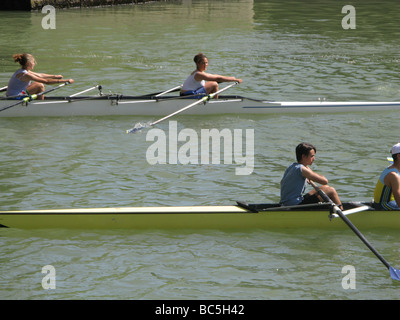 Les jeunes membres du club d'aviron en action sur le Tibre à Rome Banque D'Images