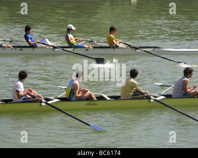 Les jeunes membres du club d'aviron en action sur le Tibre à Rome Banque D'Images