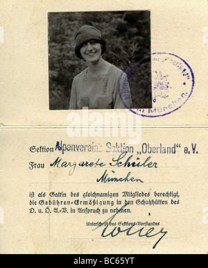 Alpinisme, clubs, Club alpin allemand et autrichien, section 'Oberland', carte des membres de Margarete Schueler, 1957, , Banque D'Images