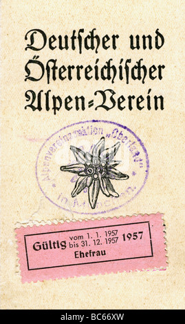 Alpinisme, clubs, Club alpin allemand et autrichien, section 'Oberland', carte des membres, 1957, Banque D'Images