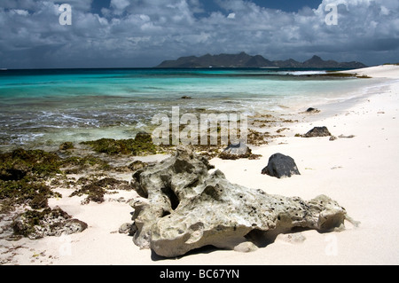 Les rochers, plage de sable blanc, mer turquoise des Caraïbes et l'océan au-delà de l'île union lointain petit saint Vincent. Banque D'Images