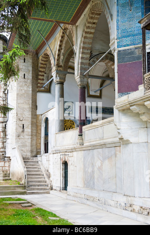 La Turquie , Istanbul , le Palais de Topkapi , Vue extérieure de détail d'étapes piliers arches & décor fleuri sur les murs Banque D'Images