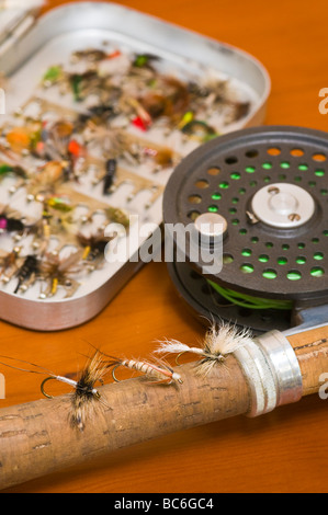 Mouches de pêche de mouche et du tambour tige montrant-box Banque D'Images