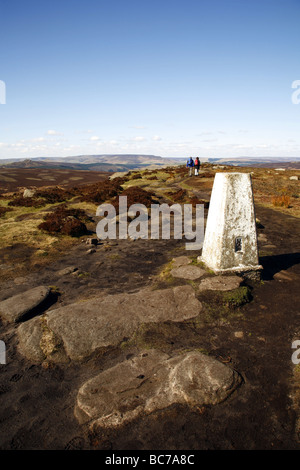 Point de triangulation,Trig,Stanage edge, Peak District National Park, Derbyshire, Angleterre, Royaume-Uni. Banque D'Images