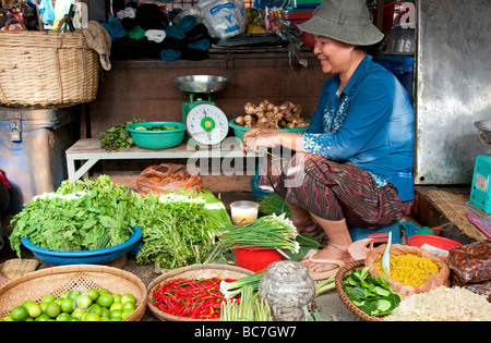 Femme vendant des légumes au marché central, Phnom Penh, Cambodge Banque D'Images