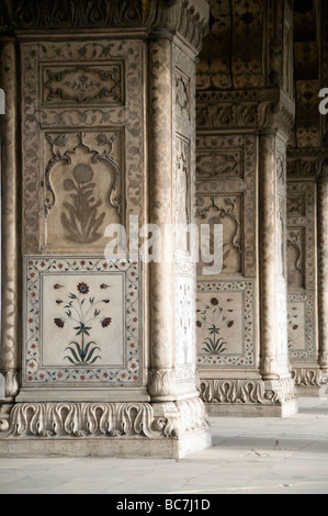 Pietra dura inlay sur décorer les colonnes dans le Diwan i Khas dans le Fort Rouge à Delhi Inde Banque D'Images