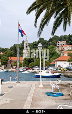 Maisons au toit rouge sur la colline donnant sur l'église et les bateaux de plaisance amarrés à la jetée dans le port tranquille de Cavtat Banque D'Images