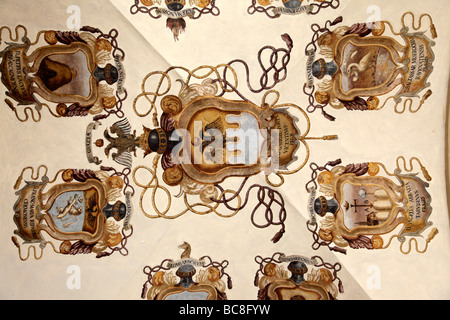 Plafonds peints à l'intérieur de la bibliothèque de la ville qui était autrefois une université via Galvani Bologna Italie Banque D'Images