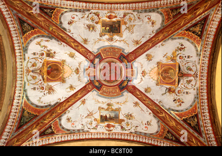 Détail de l'intérieur du plafond peint galerie marchande couverte en face de la piazza Cavour Italie Bologne Banque D'Images