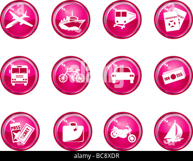 Douze Icônes Voyage vecteur brillant. Facile à retirer ou changer de couleur rose, voir mes autres icônes. Banque D'Images