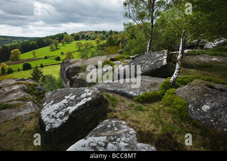 Une destination populaire pour les grimpeurs - la pierre meulière affleurement connu comme Cratcliff Tor sur Harthill Moor dans le Peak District Banque D'Images