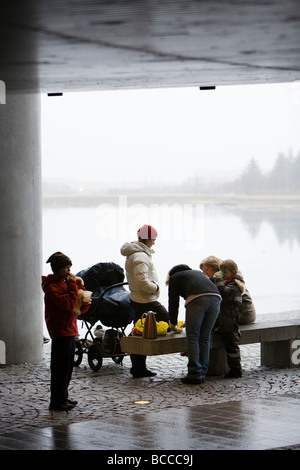 Une famille bénéficiant d'un pique-nique à l'extérieur pendant un jour brumeux pluvieux Hôtel de ville de Reykjavik Downtown Reykjavik Islande Banque D'Images