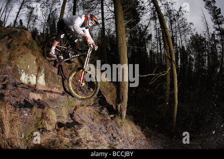 Des promenades en vélo de montagne forêt terrain escarpé Banque D'Images