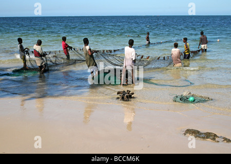 Les pêcheurs malgaches transportant dans leurs filets sur la plage Ifaty, Madagascar Banque D'Images