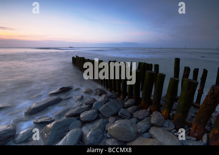 Coucher du soleil sur l'atmosphère sur l'épis du bois de la côte nord du Devon au Royaume-Uni Lynmouth Banque D'Images