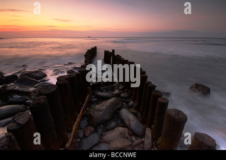 Coucher du soleil sur l'atmosphère sur l'épis du bois de la côte nord du Devon au Royaume-Uni Lynmouth Banque D'Images