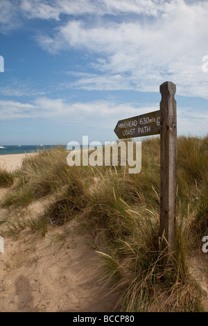 South West Coast Path waymarker enseigne sur Studland Beach près de Poole Harbour vu de la route, Dorset, Angleterre Banque D'Images