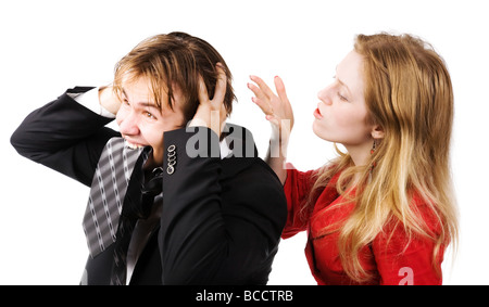 L'homme et la femme conflit isolated on white Banque D'Images