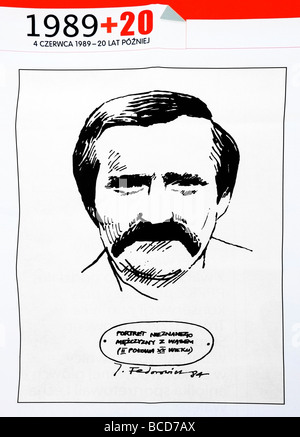 20 ans anniversaire du Salon de l'affiche portrait Lech Wałęsa, leader du mouvement de solidarité 1989 par Federowicz, Varsovie, Pologne Banque D'Images