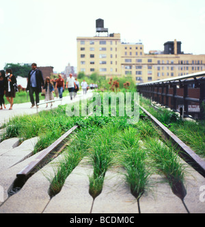 Les gens se promener le long de l'ancienne jalonnages plantées d'herbes ornementales au Le parc High Line à New York City New York USA US Nord KATHY DEWITT Banque D'Images