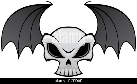 Vector illustration d'un crâne en colère avec ailes de chauve-souris. Idéal pour les décorations d'Halloween. Banque D'Images