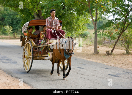 Le Myanmar. La Birmanie. Bagan. Une voiturette tirée par des chevaux sur le chemin de Nyaung U marché. Banque D'Images