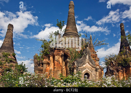 Le Myanmar, Birmanie, le lac Inle. Certains des anciens temples Bouddhistes stupas et à la pagode Shwe Inn Tain non restaurés. Banque D'Images