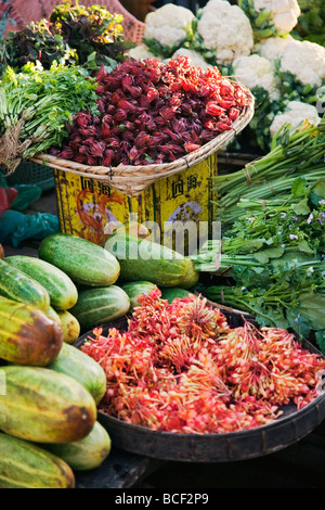 Le Myanmar, la Birmanie, l'État de Rakhine. Un étal au marché animé de Sittwe affichant un choix impressionnant de produits frais. Banque D'Images