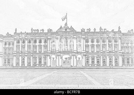 Palais d'hiver et l'Ermitage, Saint-Pétersbourg, Russie comme un croquis ou dessin Banque D'Images