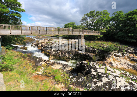 Passerelle en bois sur la rivière Wharfe Linton Falls, près de Skipton, Yorkshire Dales National Park, North Yorkshire, Angleterre, Royaume-Uni. Banque D'Images