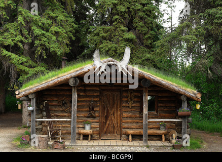 Chalet traditionnel village indien chena athabascan, Fairbanks, Alaska, USA Banque D'Images